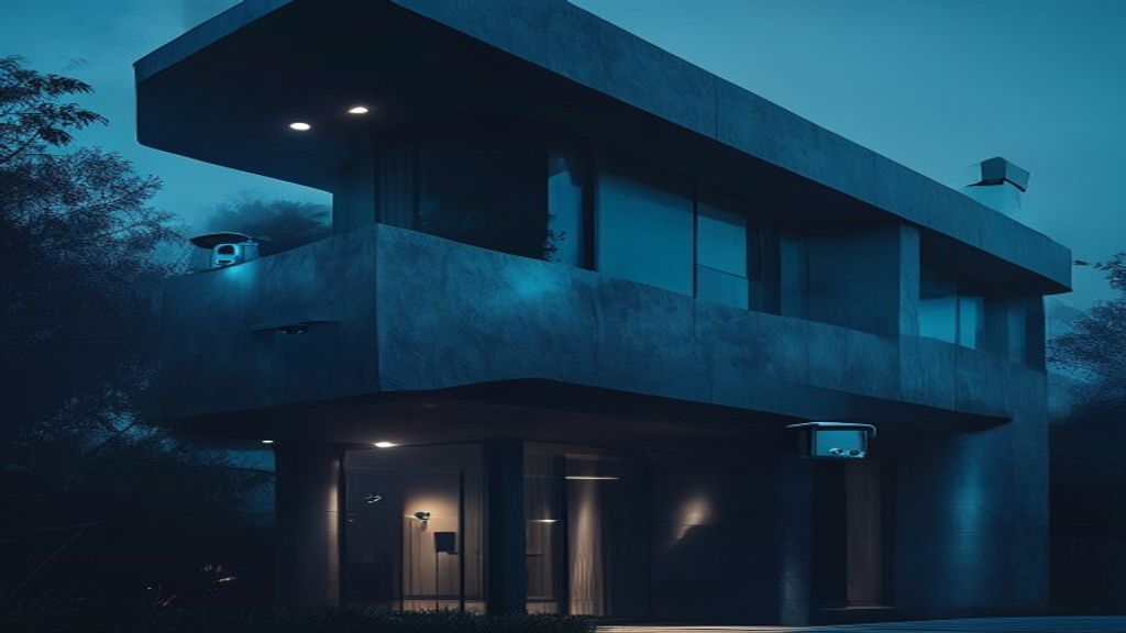 Beveiligde villa met camerabewaking bij nacht